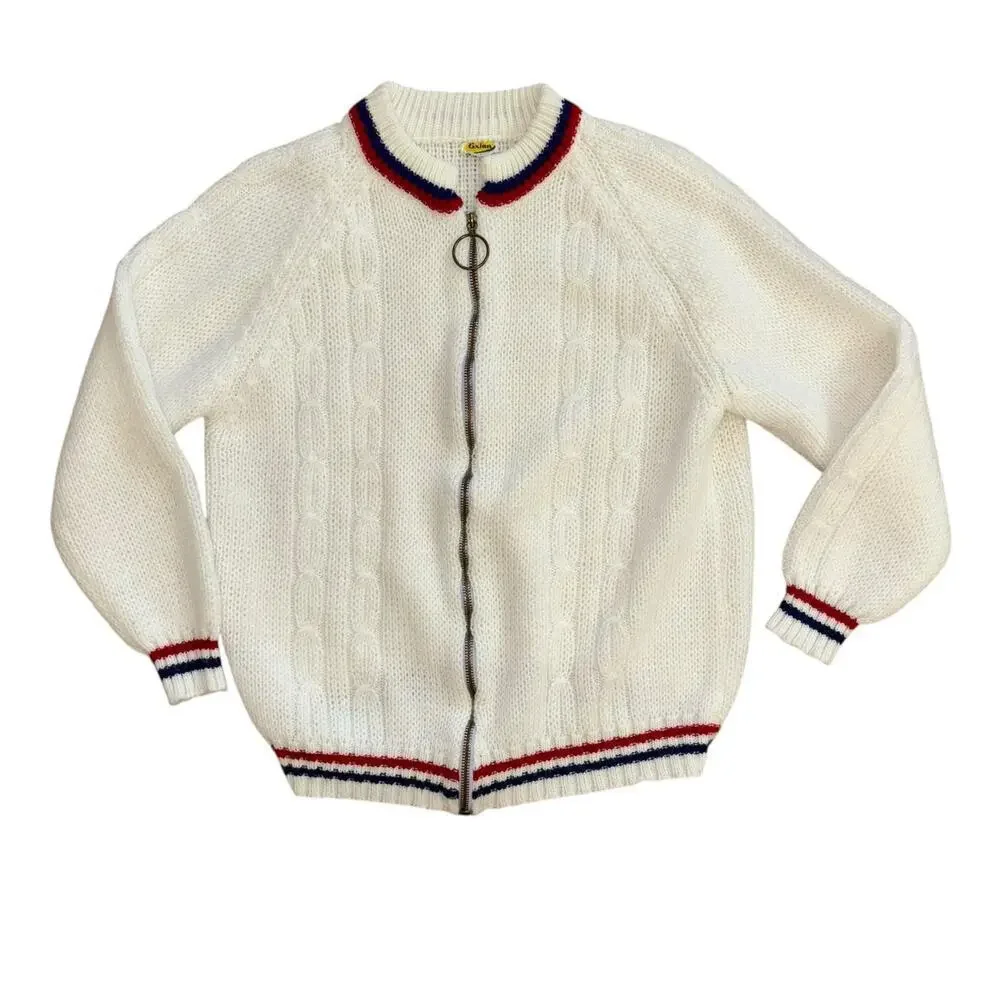 Grandpa Sweater Americana White Red Blue Women’s S/M Preppy Old Money Costal - Picture 1 of 11